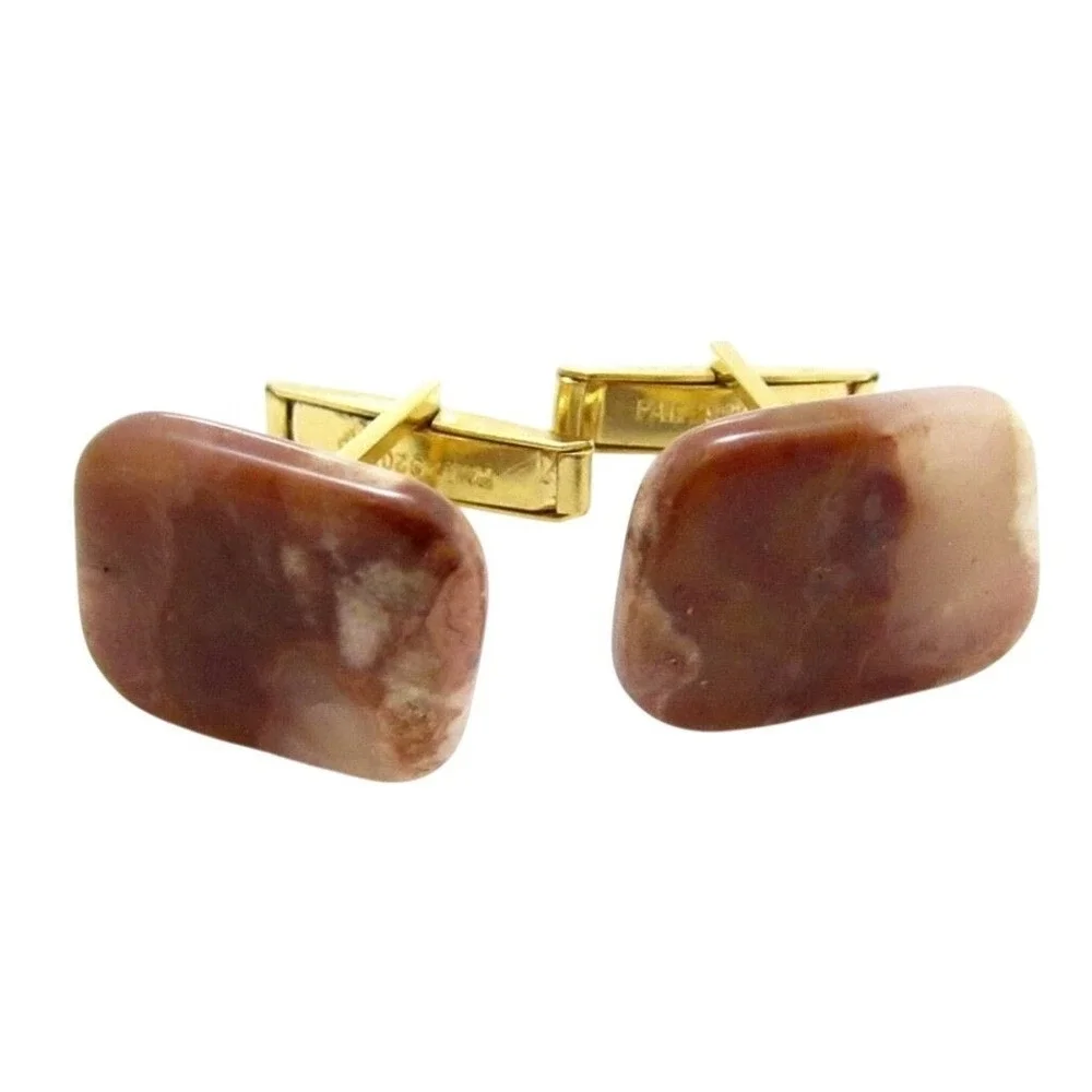 Vintage Brown & Clear Agate‎ Gemstone Cufflinks*Gold Toned*Gift*Men'S Jewelry*L7